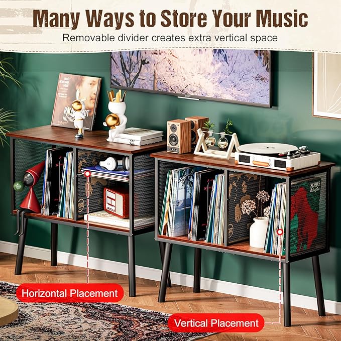 Record Player Stand with Adjustable Divider, Vinyl Storage Holder Up to 200 Albums, Mid-Century Large Record Player Table, Vinyl Holder Turntable Stand End Table Storage Rack for Bedroom & Living Room