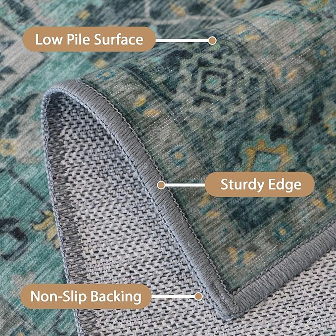 GENIMO 8x10 Area Rugs for Living Room, Machine Washable Non Slip Vintage Rugs, Low Pile Lightweight Chenille Print Rug for Bedroom, Dining Room, Home Office, Dark Green