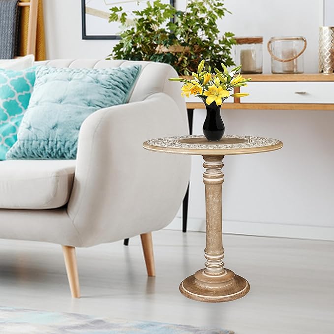 Lightnpro Handcrafted Wooden Single Pillar Table - Small Accent Side End Table, Bedside Nightstand, Entryway, Living Room - Vintage Desk for Books, Plants & Décor - 18x22 Inch, Distressed White