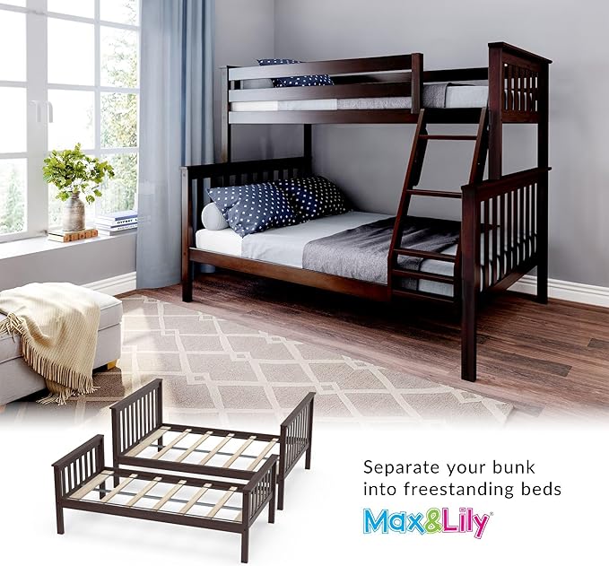 Max & Lily Bunk Bed Twin Over Full Size with Ladder, Solid Wood Platform Bed Frame with Ladder for Kids, 14" Safety Guardrails, Easy Assembly, No Box Spring Needed, Espresso