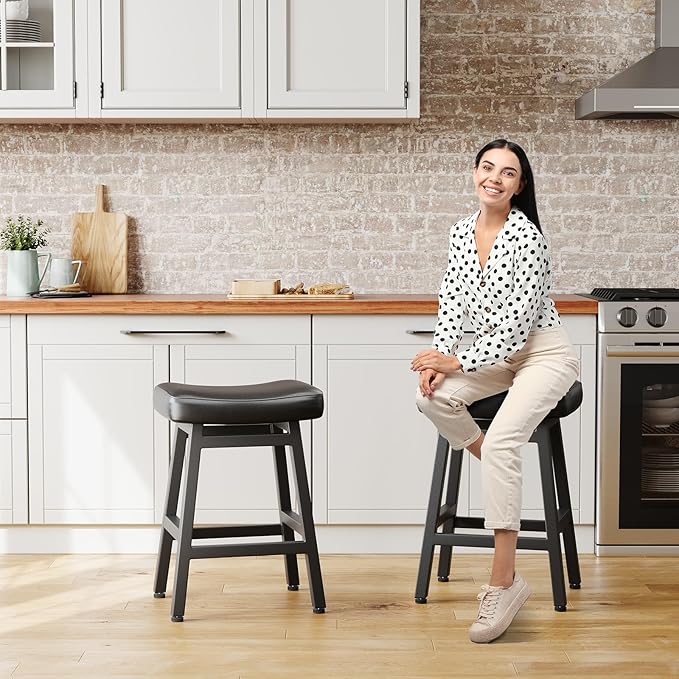 Counter Height Bar Stools Set of 3, 24 Inch Barstools for Kitchen Counter, Kitchen Stools with Bonded Leather Saddle Seats & Heavy Duty Metal Legs, Easy Assembly, All Black