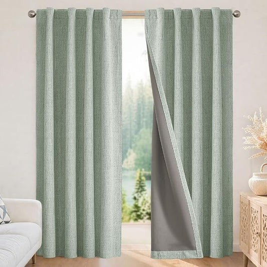 Joydeco 100% Blackout Curtains for Bedroom - Natural Linen Curtains 37" W x 90" L Long, Thermal Insulated 2 Panels Light Blocking Drapes, Rod Pocket & Back Tabs, Darkening Privacy for Living Room