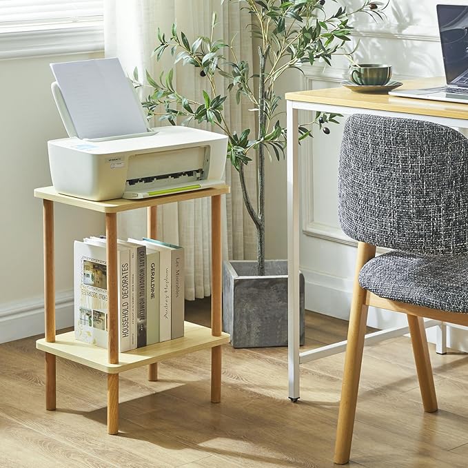 IBUYKE 2-Tier Side Table, Solid Wood Tall End Table with Storage Shelves, Nightstand Bedside Table for Living Room Bedroom Office, No-Tool Assembly, Light Natural UWST002S