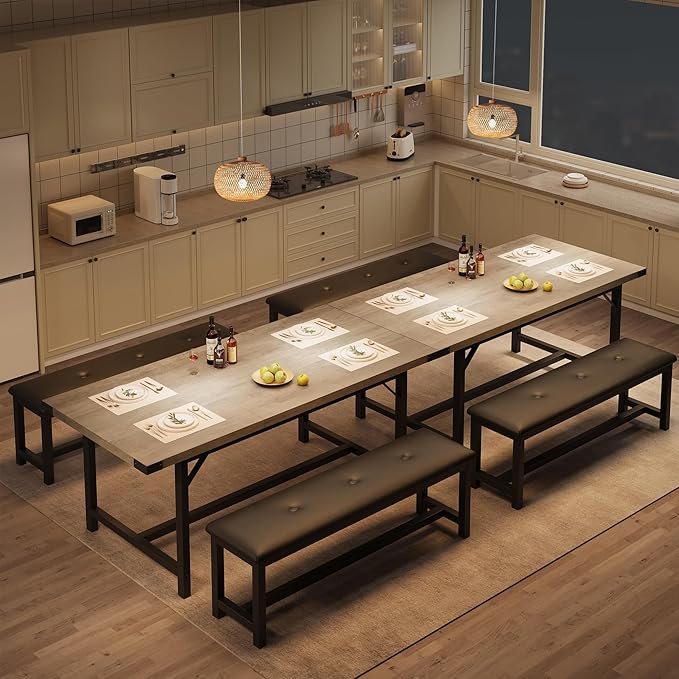 3-Piece Dining Table Set for 4-6 People, Extendable Kitchen Table Set with 2 Upholstered Benches, Dining Room Table Set for Apartment, Kitchen, Living Room, Gray