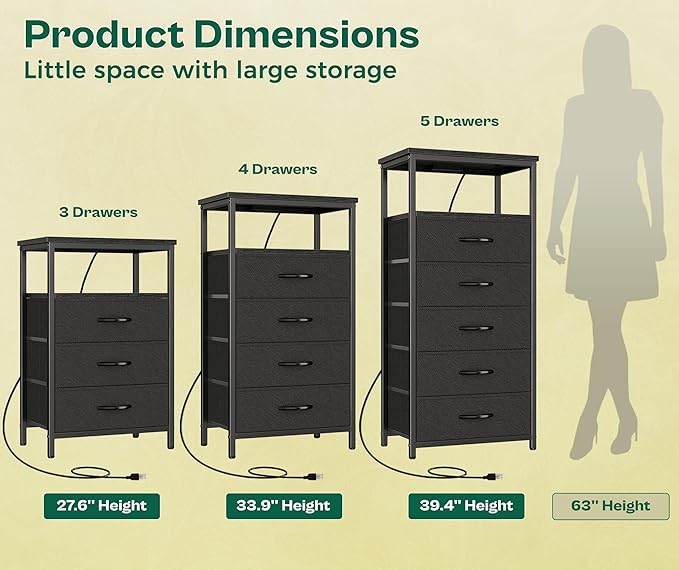 Huuger Night Stand with Charging Station, 4 Drawer Dresser for Bedroom, Bedside Table, 33.9 Inch Tall Nightstand with Open Shelf, End Table, for Closet, Entryway, Bedroom, Black