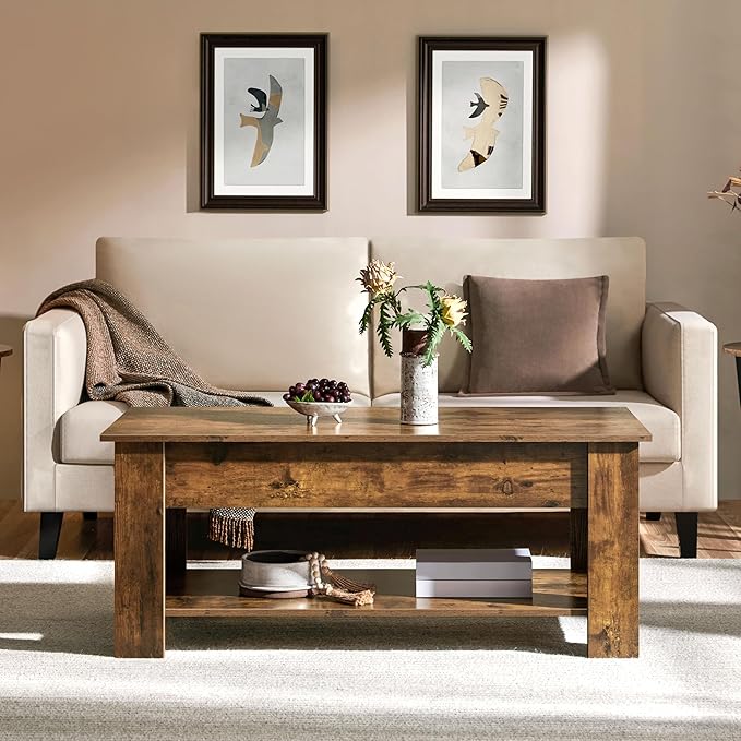 Yaheetech Coffee Table, 47.5in Lift top Coffee Table with Hidden Compartment and Storage Shelf, Lift Tabletop Dining Table for Living Room Reception Room, Rustic Brown