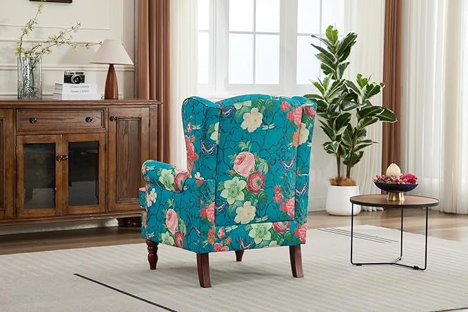 Ball & Cast Modern Accent Chair,Comfy Upholstered Armchair with Retro Wood Legs,Floral Design Single Sofa Chair,Living Room Furniture for Apartment,Bedroom,Office,Linen Fabric,Floral Cyan