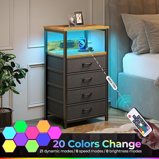 Seventable Night Stand with Charging Station, Tall Nightstand with 4 Fabric Storage Drawers, Side Table with LED Light for Bedroom, Entryway, Rustic Brown, Set of 2
