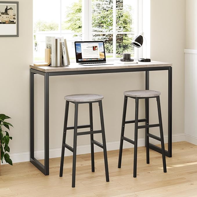 Bar Stools, Set of 2 Round Bar Chairs with Footrest, 28 Inch Kitchen Breakfast Bar Stools, Industrial Stools, Easy Assembly, for Dining Room, Kitchen, Greige BAHG02701