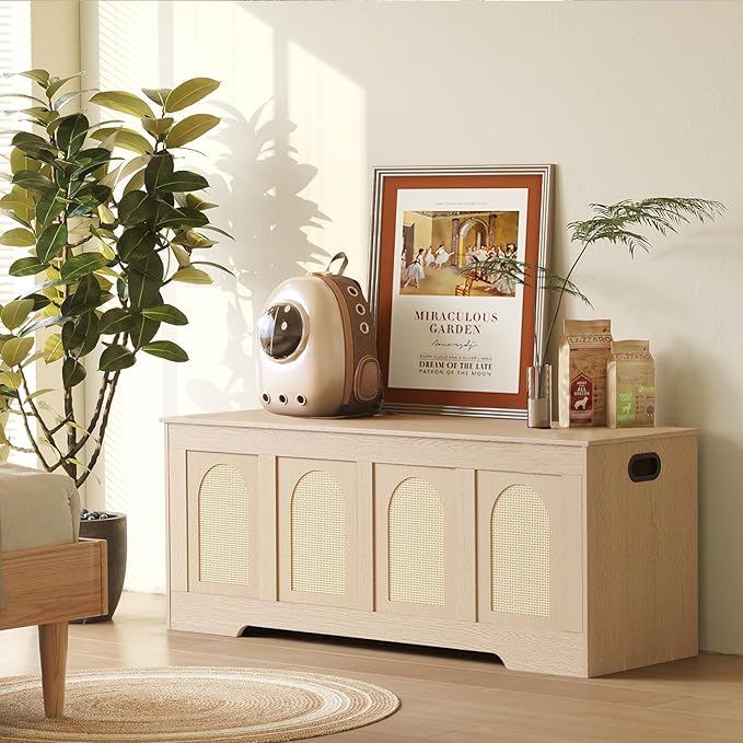 DINZI LVJ Storage Chest, 47.2" Rattan-Like Toy Box with 2 Safety Hinges, Wooden Entryway Storage Bench with Flip-Top, Large Trunk for Living Room, Bedroom, Easy Assembly, Natural