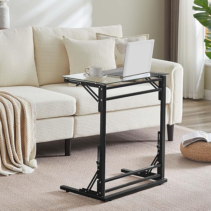 Tatub 24" Folding C Shaped End Table, Small Tempered Glass Side Table for Couch or Bed, Foldable TV Tray Laptop Desk with Black Metal Frame
