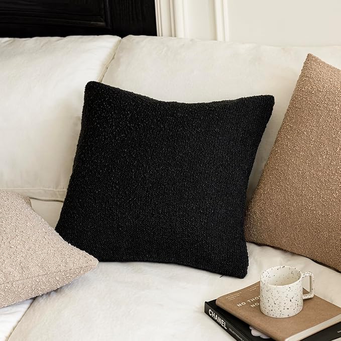Foindtower Set of 2, Decorative Textured Boucle Throw Pillow Covers Accent Solid Pillow Cases Soft Cozy Couch Cushion Case for Chair Sofa Bedroom Living Room Home Decor 22 x 22 Inch Black