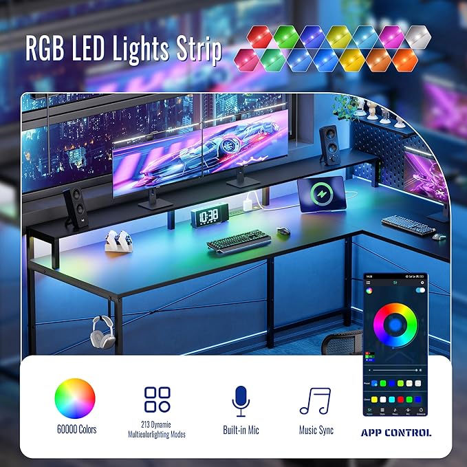 Pamray 64 Inch L Shaped Gaming Desk with Power Outlets and Led Lights, Large Corner Computer Desk with Monitor Stand and Pegboard, PC Table for Home Office and Bedroom Black