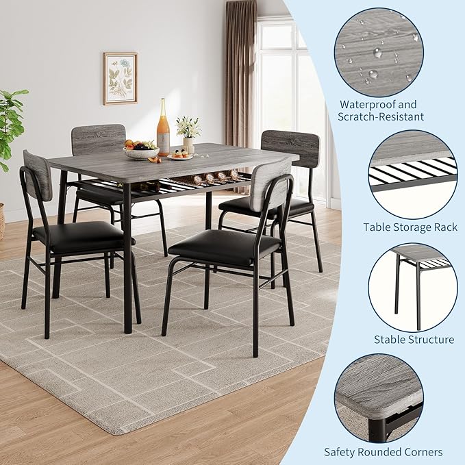 5-Piece Dining Table Set for 4, Wood Kitchen with Built-in Storage Rack, Small Kitchen Table with Upholstered Chairs and Metal Frame for Small Spaces, Gray