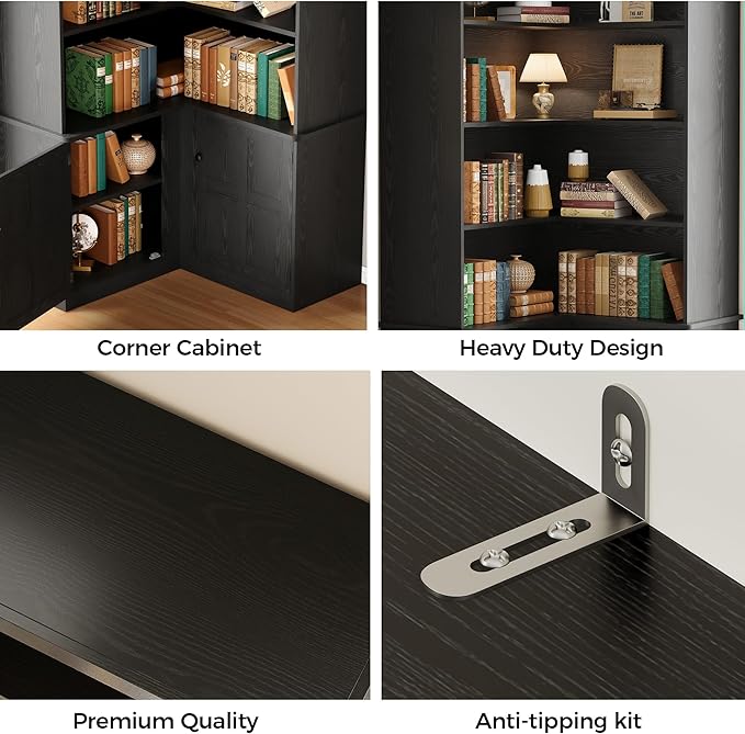 IRONCK Corner Bookshelf with Doors, 6 Tier Bookcase with Storage, Corner Shelf with Cabinet, Large Tall Bookshelf for Living Room, Home Office, Bedroom,Black