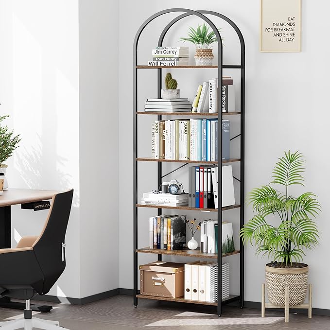 Homhedy 6-Tier Bookshelf Arched Display Racks, Wood and Metal Bookcase, Tall Bookshelf, Industrial Display Standing Shelf Unit, for Home Office, Living Room, Bedroom, Bathroom, Rustic Brown