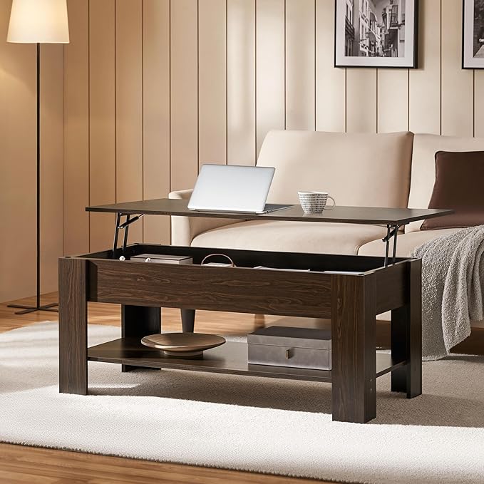 Yaheetech Lift Top Coffee Table with Hidden Compartment and Storage Shelf, Rising Tabletop Dining Table for Living Room Reception Room, 47.5in L, Espresso