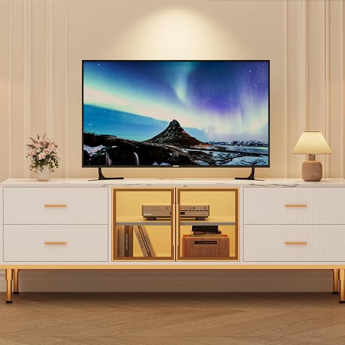 66" Fluted TV Stand with LED Light, Modern Entertainment Center for TVs Up to 75 Inch, Wood TV Media Console with Faux Marble Top, 4 Drawers, Glass Door for Living Room, White