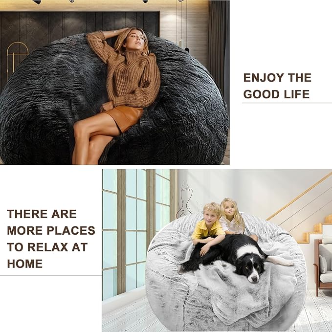 (No Filler) Bean Bag Chair Cover Without Filler,Big Round Soft Fluffy PV Velvet Washable Bean Bag Lazy Sofa Bed Cover for Adults,Living Room Bedroom Furniture Outside,6ft Dark Grey