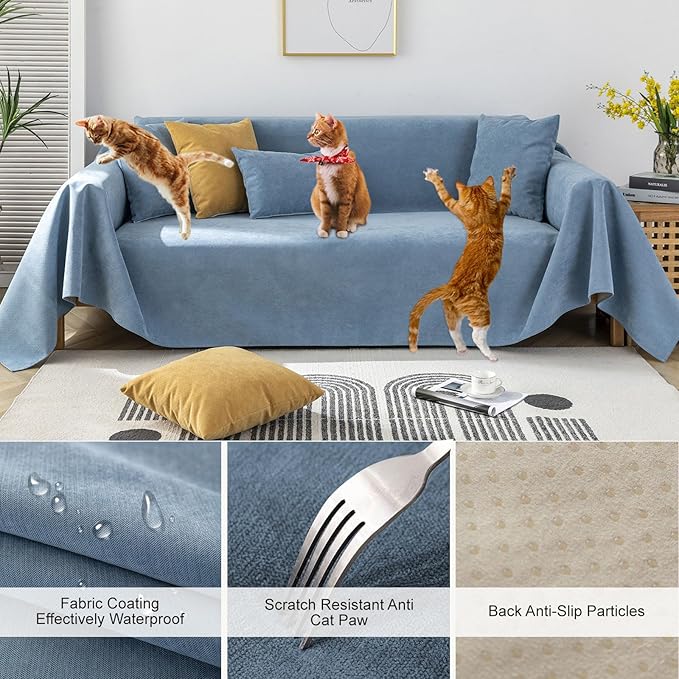 STACYPIK Blue Waterproof Sofa Cover, Anti-Slip Couch Covers for Pets, Anti-Scratch Furniture Protector for 2 Cushion Couch, Washable Leakproof Loveseat Cover for Sectional, Sofa Slipcover-71 x118IN