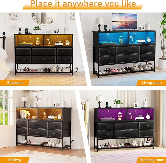 Black Dresser for Bedroom, 6 Drawers Led Dresser TV Stand with Power Outlets and LED Lights, Long Fabric Dressers Wide Chest of Drawers with Large Organizer Shoe Rack for Living Room, Entryway