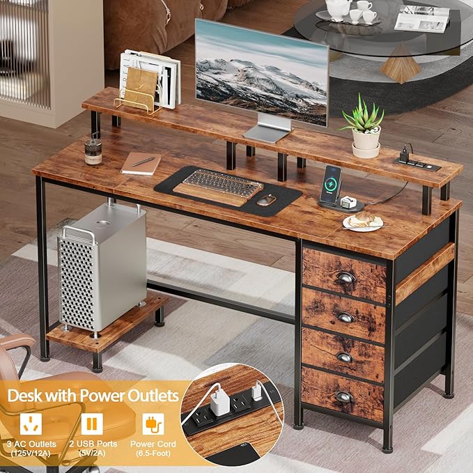 Furologee 47" Computer Desk with 4 Fabric Drawers & Monitor Stand, Gaming Desk with Power Outlets - LED Lights, Home Office Space-Saving Study Table for Bedroom Small Spaces (Rustic Brown)