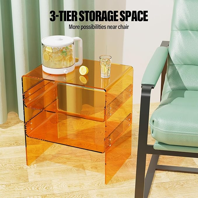 Acrylic 2-Tier Side Table with Storage Mini Modern End Table/Nightstand with Double Shelves for Bedroom, Living Room, and Bathroom Easy Assembly Orange