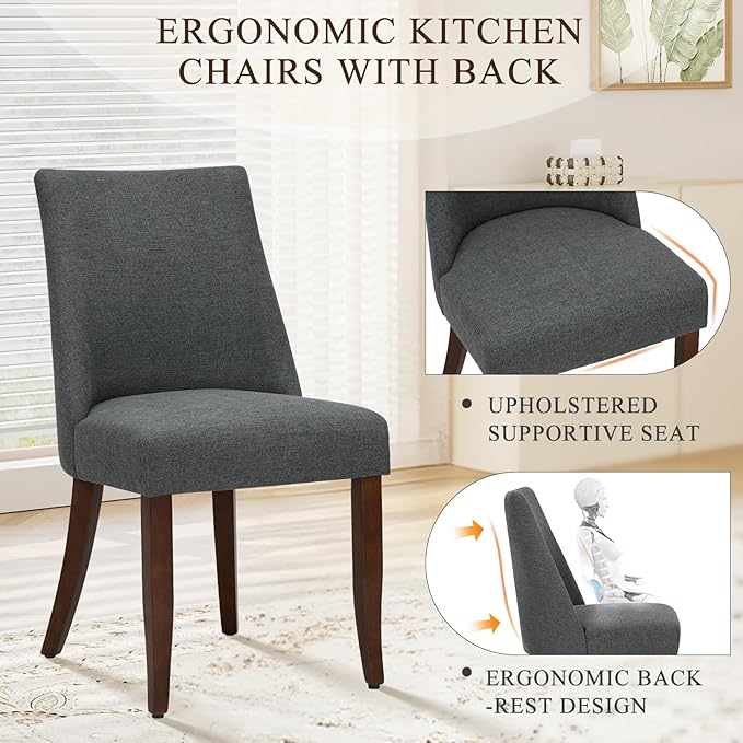 COLAMY Upholstered Dining Chairs Set of 6, Mid Century Modern Kitchen Chairs with Back, Farmhouse Fabric Side Dining Room Chairs with Wood Legs for Dining Room Restaurant, Dark Grey