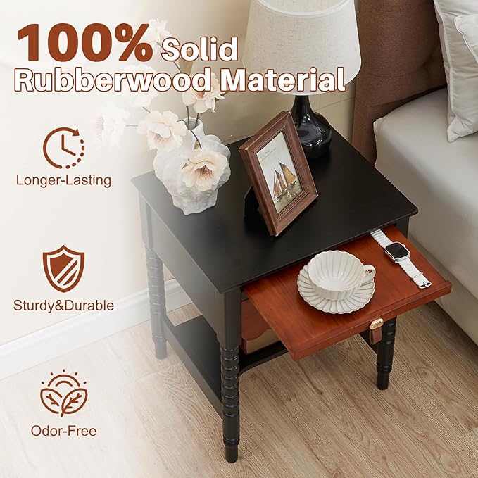 Uniclinens Mid Century Modern Nightstand Two-Tone Bedside Table with Drawers, Vintage Solid Wood End Side Table for Bedroom Living Room, Black-Brown