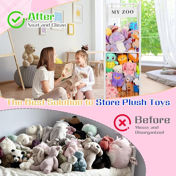 Stuffed Animal Storage Zoo, Wooden Stuffed Animal Organizer with Elastic Cords for Boys Girls, Space Saving Toy Plushies Storage Holder for Playroom, Bedroom, Living Room (White, Large)