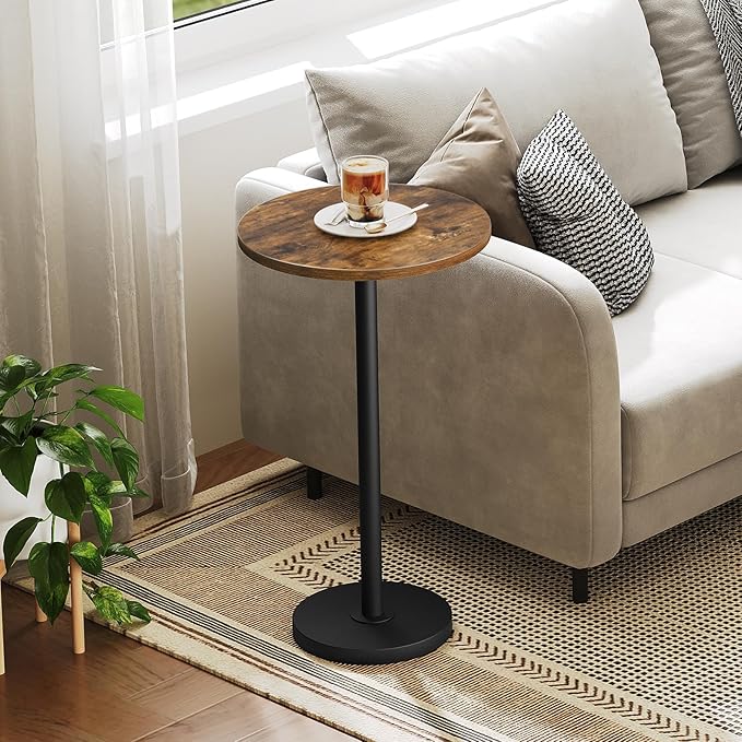 Round Side End Table for Small Spaces, Pedestal Style Martini Drink Side Table in Living Room, Bedroom, Dormitory, Rustic Brown and Black ET30BR