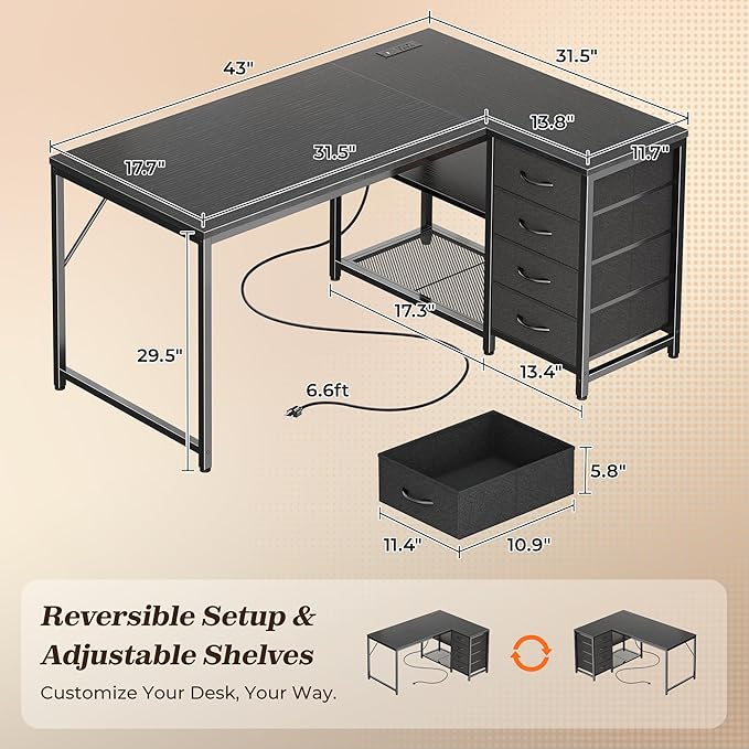 PRAISUN 43.3" Small Computer Desk with Power Outlets and USB-C Port, Reversible L Shaped Corner Office Desk with 4 Fabric Drawers and 2 Height-Adjustable Shelves, for Gaming Writing, Black