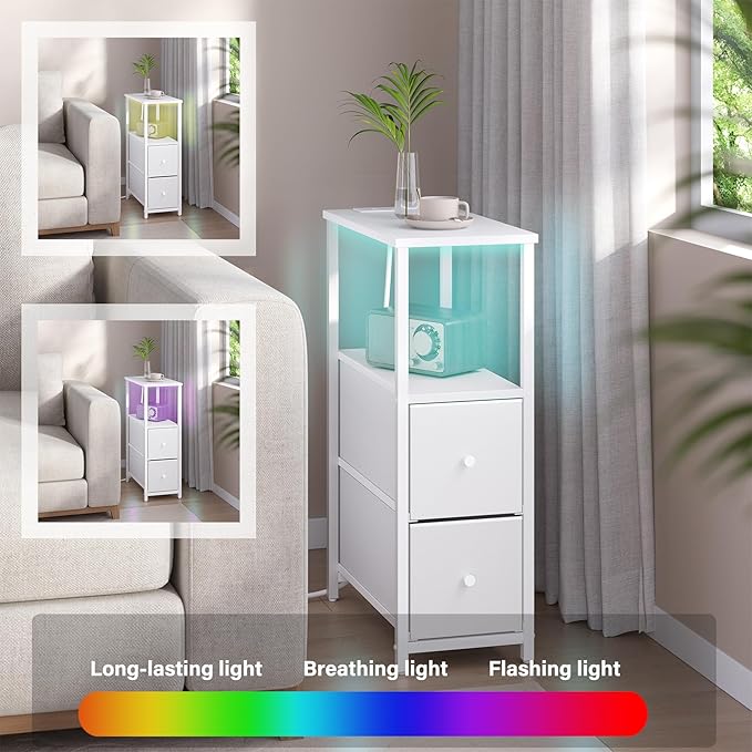 TUTOTAK Small Narrow LED End Table with Charging Station, Side Table Outlets, Nightstand with 2 Cloth Drawers, Set of 2, Couch Table, for Living Room, Bedroom, Bedside, White TB01BW056