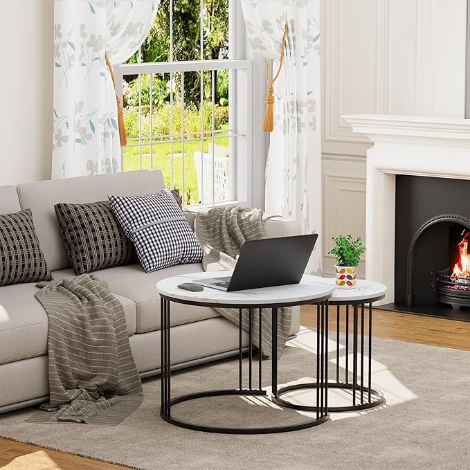 Garden 4 you Coffee Table Faux Marble Nesting Table for Small Place 2 Sets Modern Furniture Living Room Sets End Side Table Night Stand for Bed Room Dining Room (Black & White)