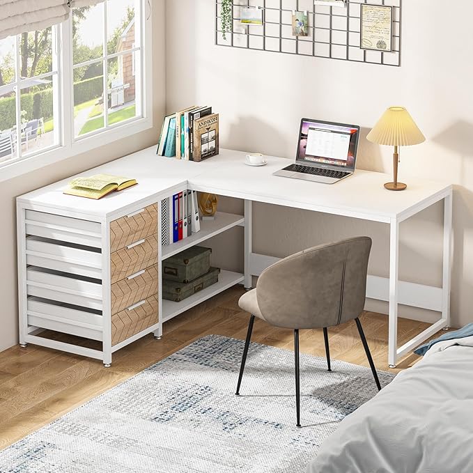 Tribesigns L Shaped Computer Desk with Storage Drawers, 59 inch Corner Desk with Shelves, Reversible L-Shaped Office Desk Study Writing Table Workstation for Home Office, White