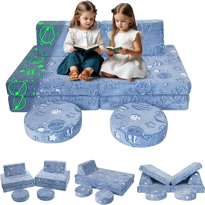 MeMoreCool Modular Glow Sofa for Kids, Space-Themed 8-Piece Convertible Foam Couch Play Set with Celestial Patterns for Toddlers and Playroom