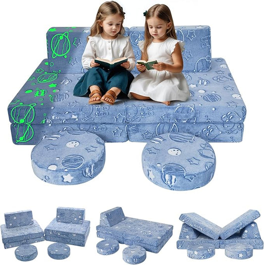 MeMoreCool Modular Glow Sofa for Kids, Space-Themed 8-Piece Convertible Foam Couch Play Set with Celestial Patterns for Toddlers and Playroom