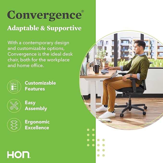 HON Convergence Ergonomic Office Chair, Breathable Back Support Mesh, Adjustable Arms, Computer Chair with Lumbar Support, Rolling Swivel Wheels, Comfortable Synchro-Tilt Recline, Vinyl, Black