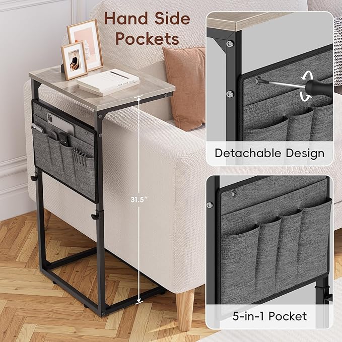 Vagusicc C Shaped End Table, Set of 2 Tall Side Table for Couch, Adjustable Height Small Couch Side Table for Small Spaces, End Table Slide Under Sofa Table TV Tray Arm Table for Living Room, Grey