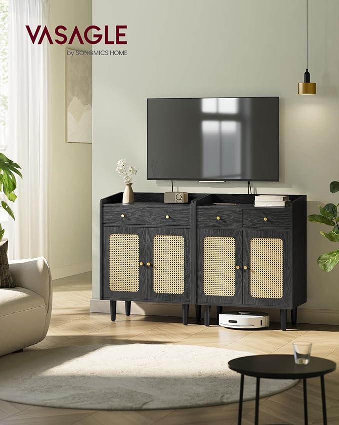 VASAGLE BOHOVEN Collection - Buffet Cabinet, Sideboard Storage Cabinet with Rattan-Like Doors and Drawers, Accent Cabinet, Adjustable Shelf, Boho Style, for Living Room, Ebony Black