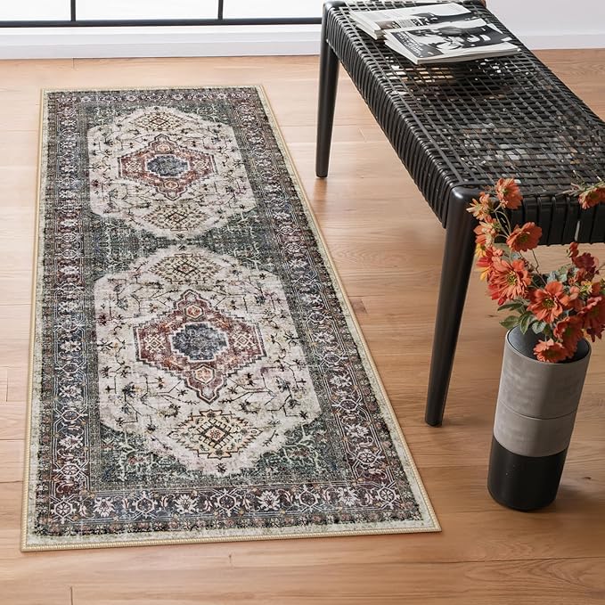 Lahome Oriental Washable Hallway Runner Rug, 2x6 Runners for Hallways Non Slip Ultra-Thin, Vintage Soft Long Carpet for Kitchen Bathroom Bedroom Laundry Room,Brown/Grey