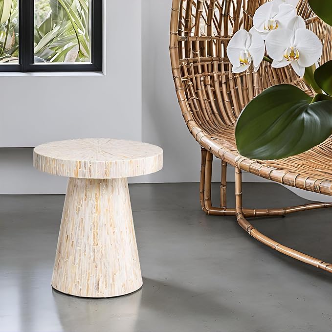PEMAR Mother of Pearl Pedestal Side Table Modern Mushroom Minimalist Drink Accent End Table for Small Space, Bedside for Bedroom, Living Room, Hallway (White & Cream Sunlight)