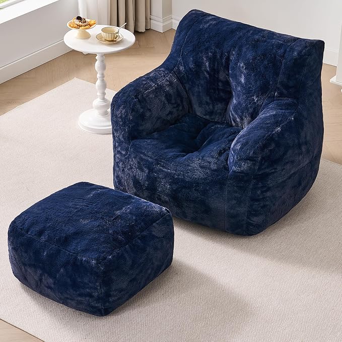 Giant Bean Bag Chairs for Adults with Ottoman, Faux Fur Boneless Chaise Couch Filler with Memory Foam,Large BeanBag Lounge Lazy Floor Sofa Accent Chair for Living Room,Bedroom & Game Rooms