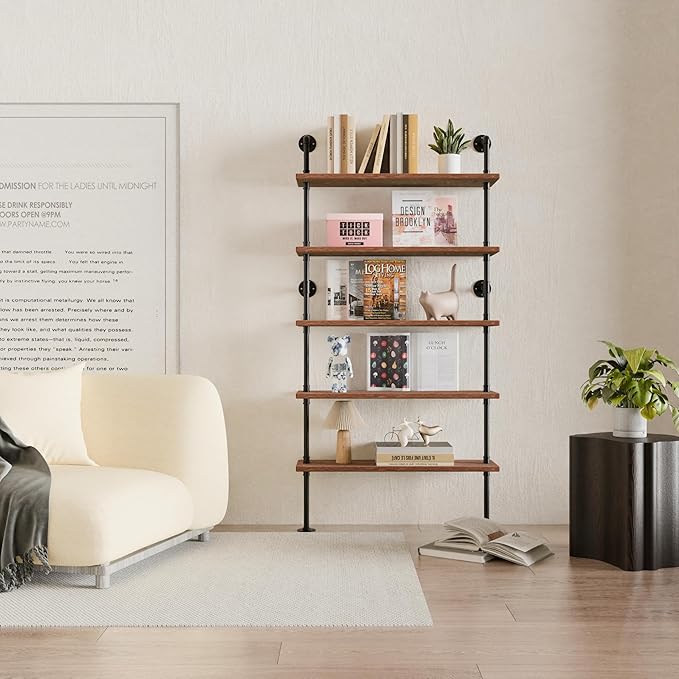5 Tier Industrial Ladder Shelf Bookcase, Wall Mounted Wood Metal Pipe Rustic Bookshelf for Living Room (Weathered Brown, 10" D x 36" W x 70" H)