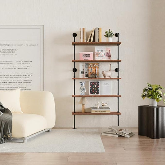 5 Tier Industrial Ladder Shelf Bookcase, Wall Mounted Wood Metal Pipe Rustic Bookshelf for Living Room (Weathered Brown, 10" D x 36" W x 70" H)