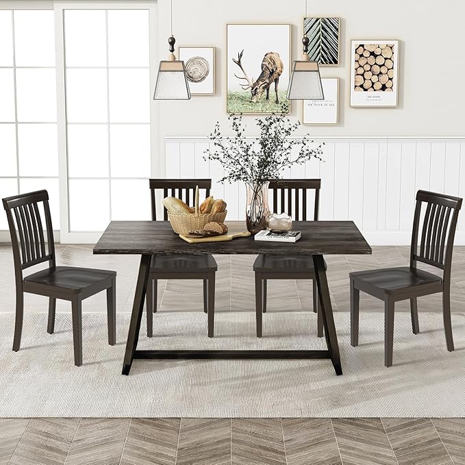 COLAMY Wooden Dining Chairs Set of 4, Solid Rubberwood Kitchen & Dining Room Chairs,Windsor Style Seating, Rustic Dining Table Chairs, Non-Slip Foot Pads, Farmhouse & Traditional Seating,Dark Brown