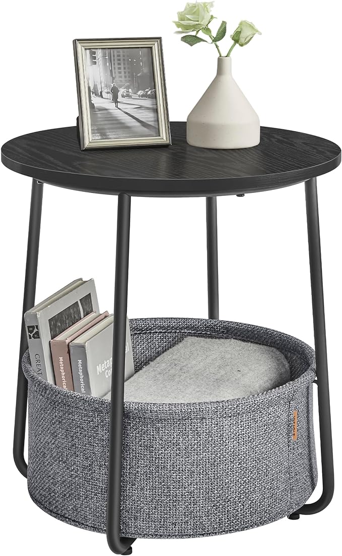 VASAGLE Small Round Side End Table, Modern Nightstand with Fabric Basket, Ebony Black and Slate Gray ULET223B01
