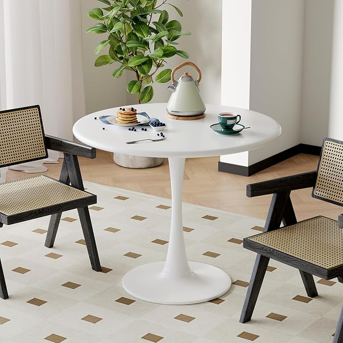 White Round Dining Table for 2 Person, 24 Inch Small Tulip Table with Pedestal for Living Room, Mid Century Modern Kitchen Tables for Office, Bistro, Pub, Bar, Wood Circle Cafe Tables,mesas de comedor
