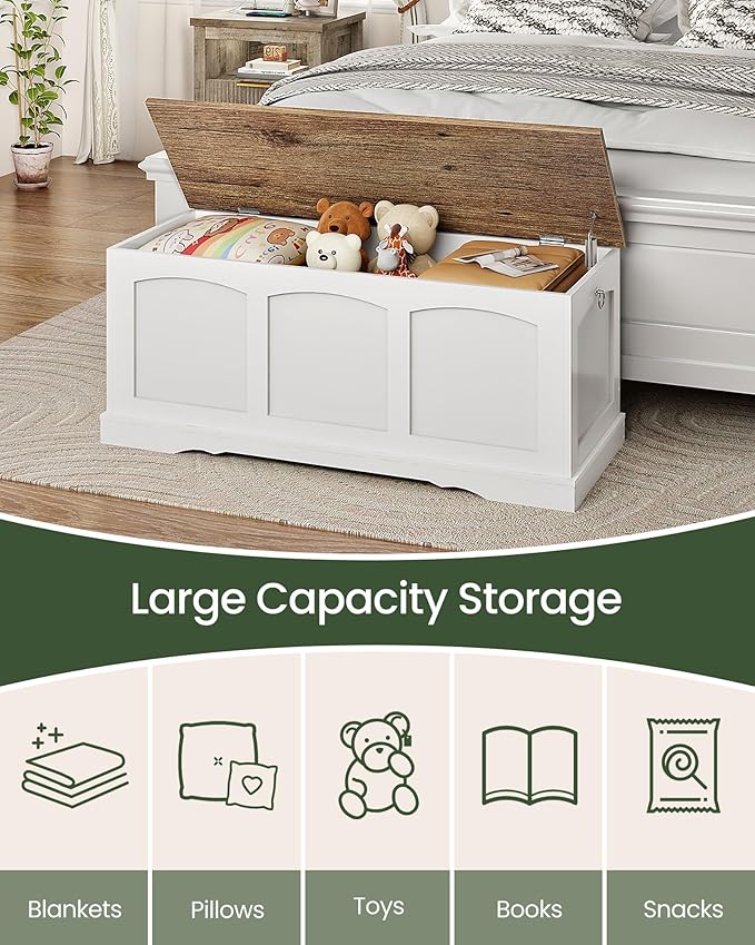 39.4" Storage Chest Bench with Lift Lid, Toy Chest with Safety Hinge, Entryway Shoe Bench, Wooden Storage Trunk, Holds up to 220 lb, for Living Room, Bedroom, Hall, White and Walnut MCW12WL
