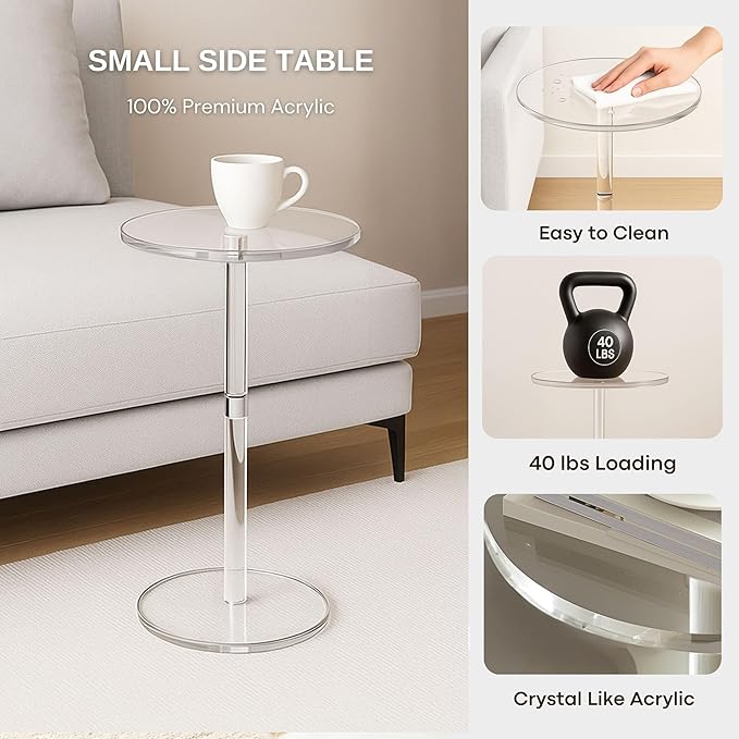 Acrylic Side Table, Round Drink Table for Small Spaces – Modern Clear End Table for Bedroom, Living Room, Office, Outdoor, Bathroom | Minimalist Design, Easy Assembly 11.8" W x 21" H